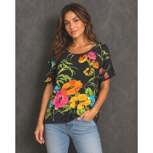 Vintage‎ Bedford Fair Womens Size PL Petites Floral Beaded Top Black Artsy Y2K